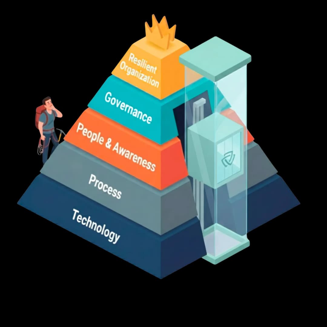 Cybervize Sicherheits-Pyramide: Technology, Process, People & Awareness, Governance, Resilient Organization. Plattform-Aufzug rechts ersetzt den muehsamen Aufstieg.
