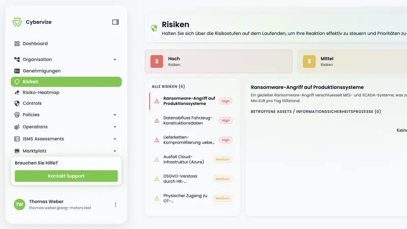 Cybervize-Plattform Risiko-Übersicht mit Status pro Risiko und betroffenen Assets